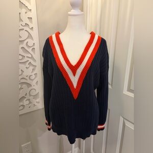 Kenar Navy V-Neck Sweater with orange/red and White Accents